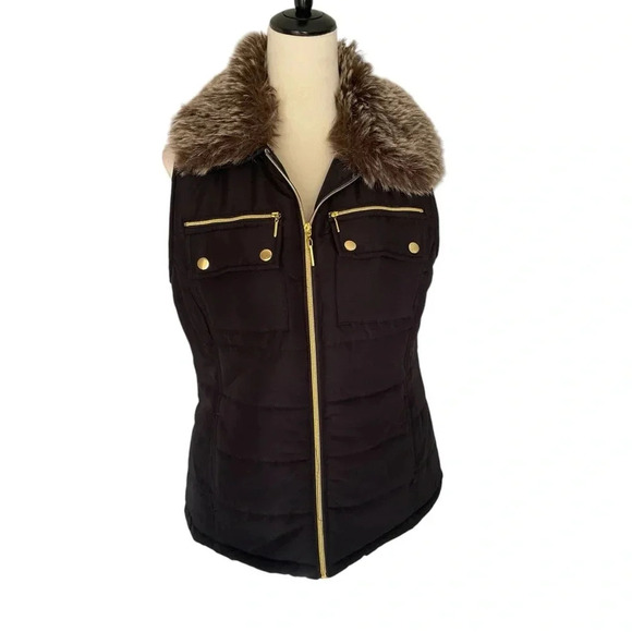 Casual Identity Lightweight Quilted Women Black Detachable Fur-Collar Vest Sz M - Picture 1 of 8